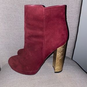 Maroon Platform Ankle Booties with Gold Heel